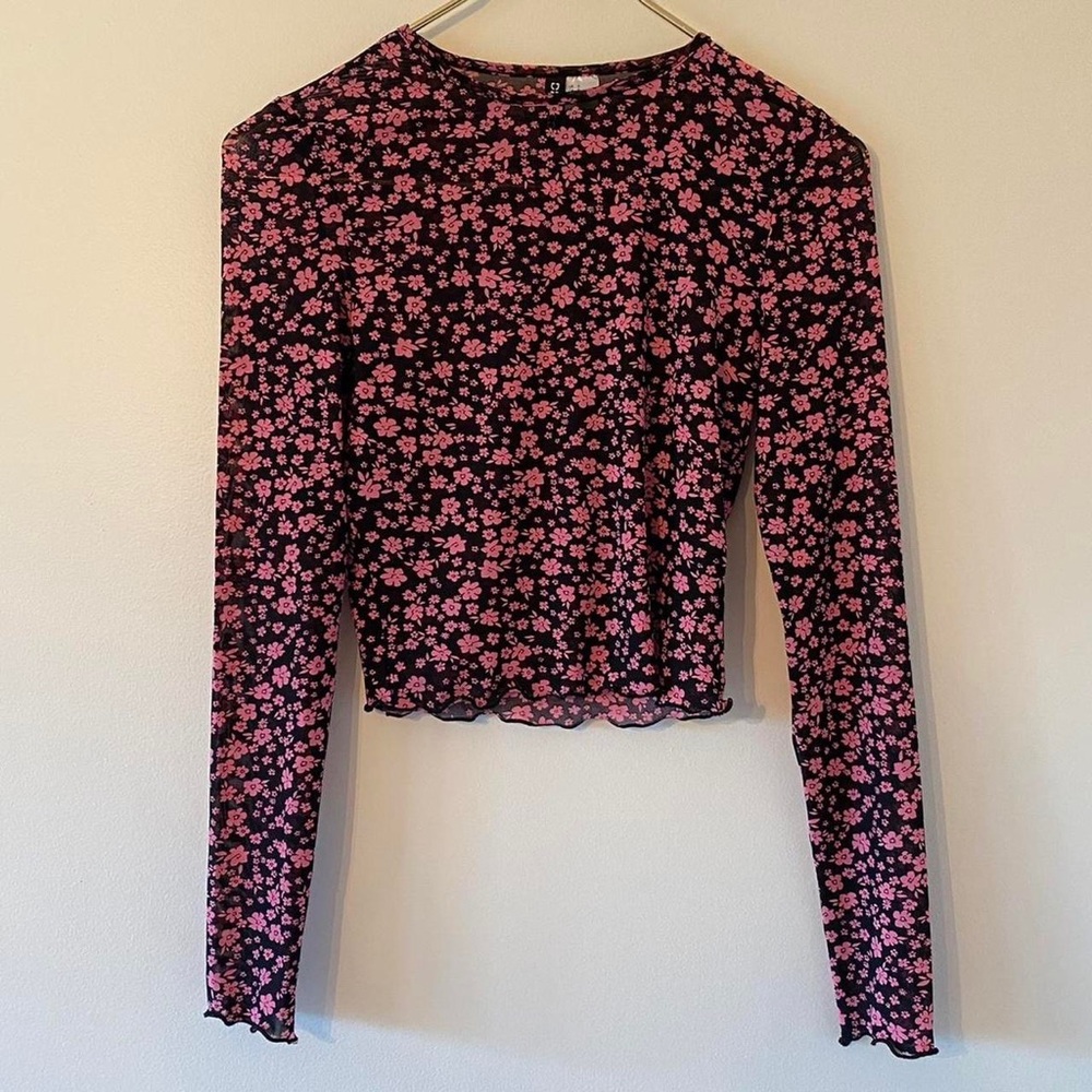 Pink+black flower sheet mesh long sleeve top🖤